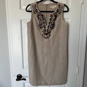 Michael Kors Sheath Dress Women's Size 4 Beige V Neck Embroidered/Beaded Linen